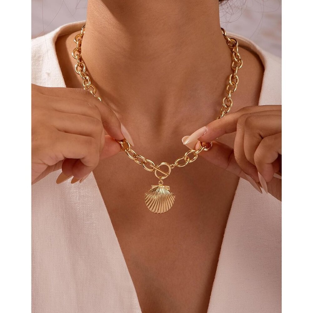 14K Gold shell-gd Plated Chunky Layered Necklace | Paperclip Herringbone Chain - Picture 4 of 6